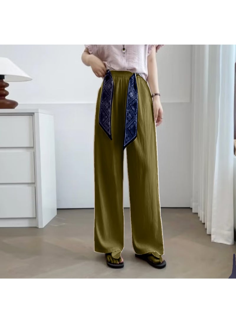 بنطلون بالازو واسع الساقين بمقاس حر، مزود بحزام خصر مطاطي وحزام وشاح مزخرف للنساء - Image 3